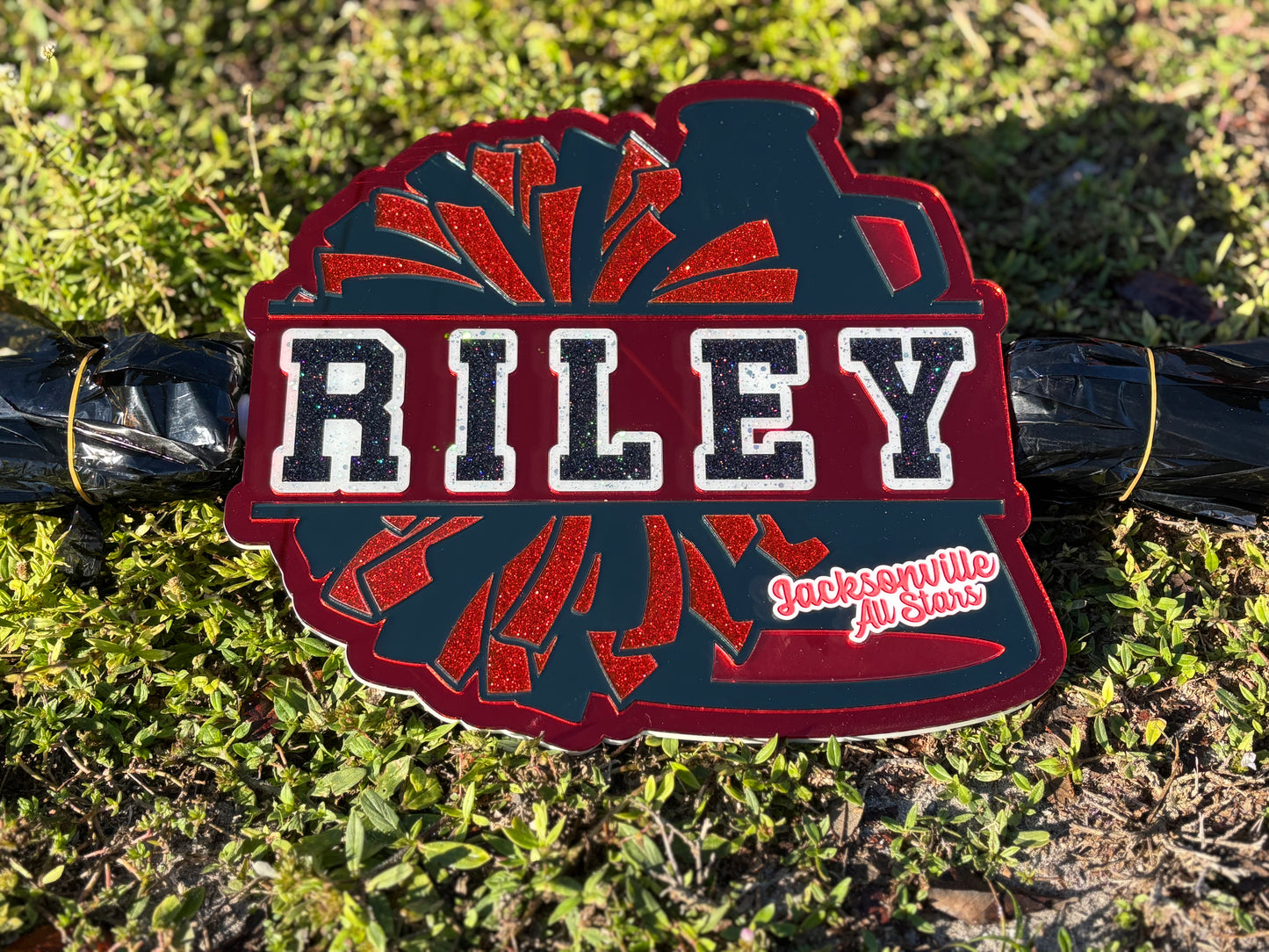 Custom Cheer Stick Acrylic Name Sign with Pom Poms & Megaphone