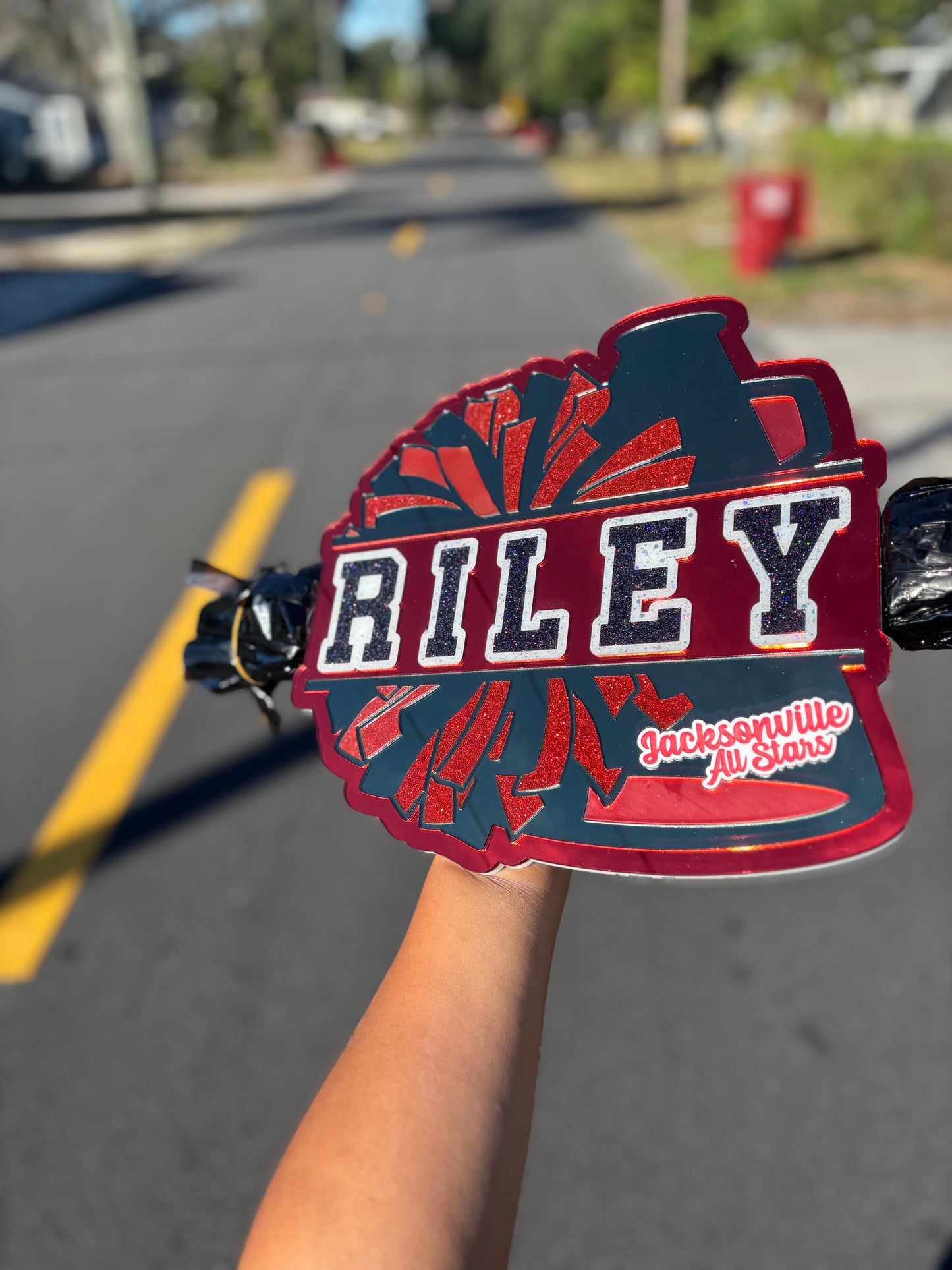 Custom Cheer Stick Acrylic Name Sign with Pom Poms & Megaphone