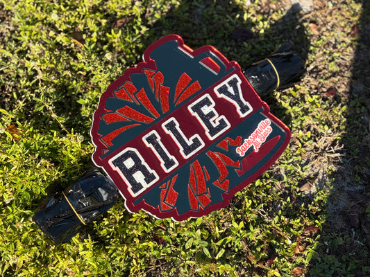 Custom Cheer Stick Acrylic Name Sign with Pom Poms & Megaphone